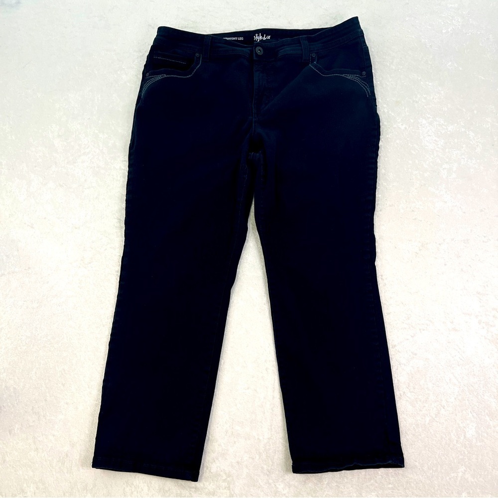 STYLE & CO Womens Jeans‎ Straight Leg Size 16P Dark Black Wash High Rise Demin